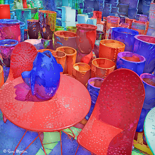 Ceramic Still Life Pop Art Painting of Koi Fish and Ceramic Garden Pots
