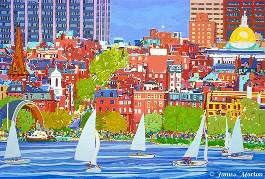 Boston Skyline Painting of the Charles River with Sailboats. The MDC Hatch Shell is on the bottom left side and the State House Dome is on the upper right. Many orange-red brick buildings are in the middle, with little multicolored square windows. A row of esplanade green trees runs along the Charles River, framing the 6 white sailboats.  