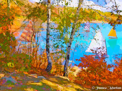 Houghton's Pond , Milton MA Art Print. Left side detail of fall foliage ; peeking through birch trees in Autumn to See small sailboats drifting along the pond. 