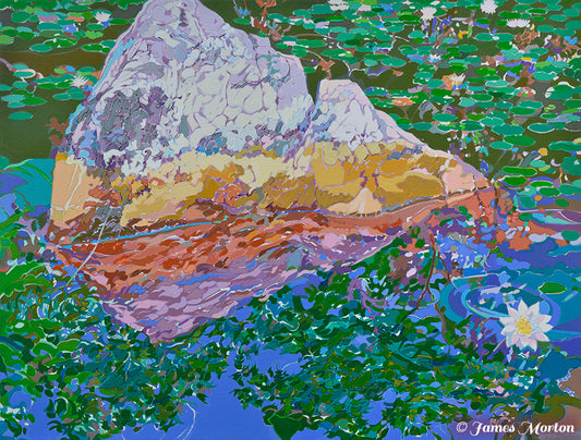 “Inversion” is a serene water lily and pond reflection painting available as an original and as archival giclée prints. Calm botanical art with stone, lilies, and luminous water.
