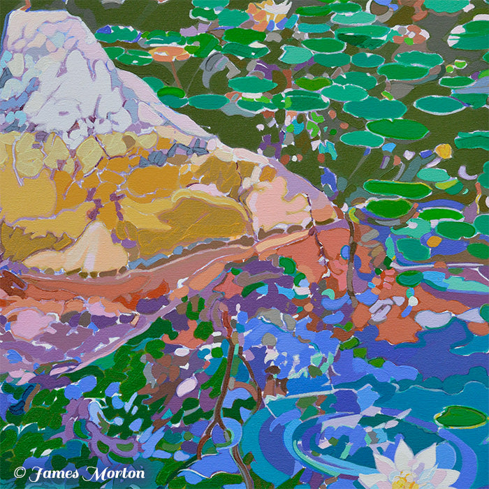 Detail of Inversion painting showing textured stone, white water lily, green lily pads, and reflective pond water in layered acrylic brushwork.