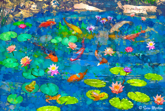 Colorful Koi Fish Pond Painting with Water Lilies and Lily Pads
