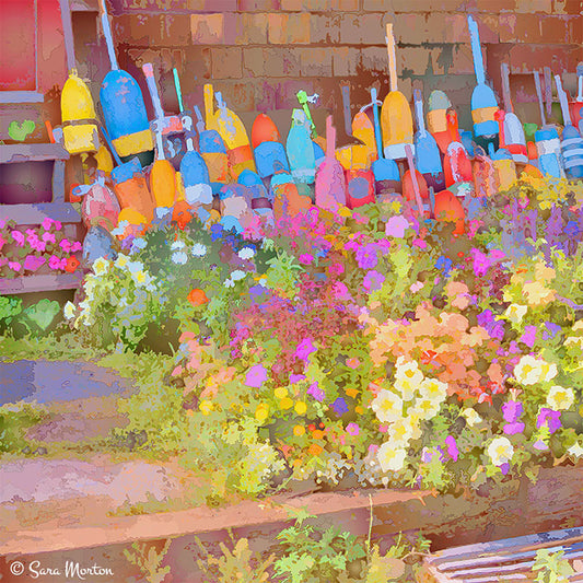 Rockport Buoys in Bloom art print showcasing colorful buoys and flowers