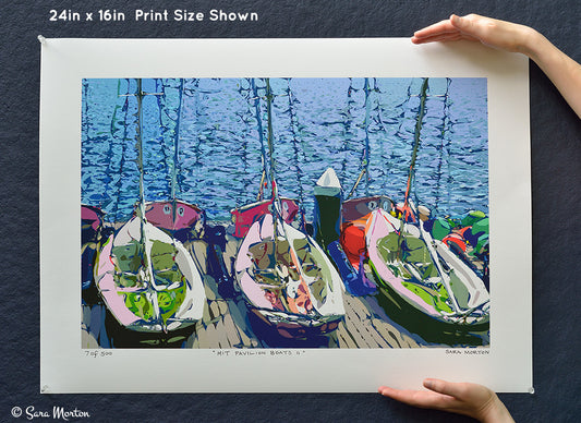 Original art print of MIT Sailboats docked at MIT Sailing Pavilion in Cambridge, MA. Photo of print on Watercolor Paper  at 24in x 16in scale. 
