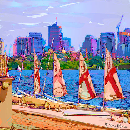 Vibrant digital painting of MIT Sailing Pavilion with detailed sailboats and Boston City Skyline in the background.