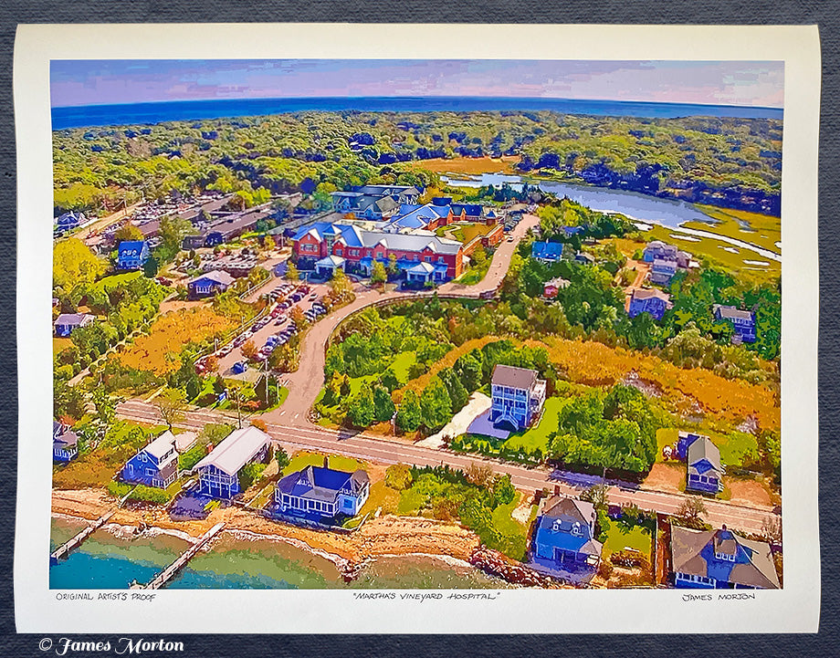 Photograph of 40x30 signed fine art Digigraph print of Martha’s Vineyard Hospital in Oak Bluffs, printed on archival watercolor paper with coastal landscape and lavender sky.
