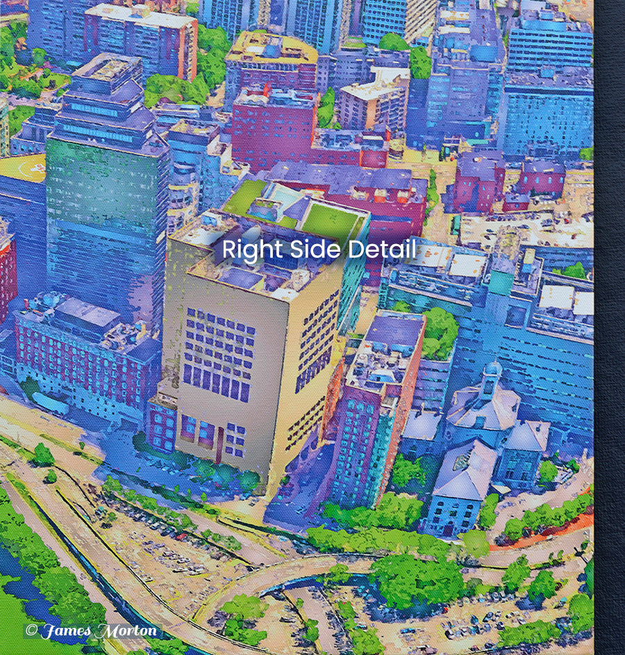 Right side detail of Boston Canvas print with Mass Eye and Ear, Mass General Hospital and Liberty Hotel. 