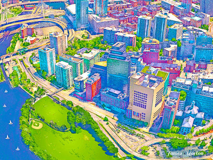 Art Print of Boston West End, detailed Aerial View of Mass Eye and Ear and Mass General Hospital. The Zakim Bridge can be seen in the background.
