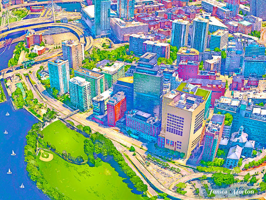 Art Print of Boston West End, detailed Aerial View of Mass Eye and Ear and Mass General Hospital. The Zakim Bridge can be seen in the background.
