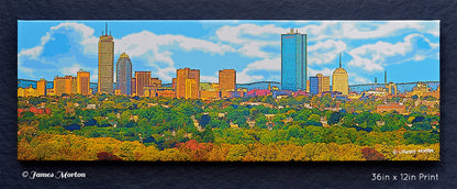 Boston Back Bay Skyline Canvas Print - 36in x 12in Stretched Canvas Print - Digital Woodcut