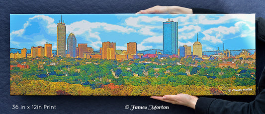 Boston Back Bay Skyline Canvas Print - 36in x 12in Stretched Canvas Print - Digital Woodcut