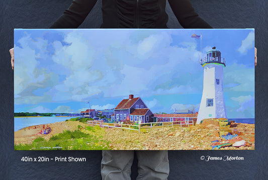 Old Scituate Lighthouse in Massachusetts 40in x 20in stretched canvas print held by hand to show scale. 
