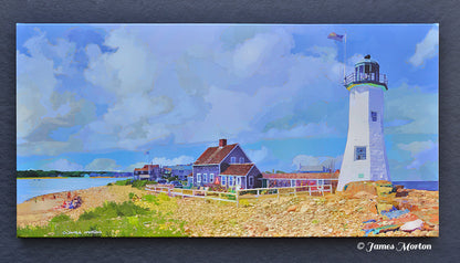 Scituate Lighthouse MA Canvas print with the rocky beach in the foreground. Ready to hang, 40in x 20in stretched canvas print on heavy duty stretcher bars. 