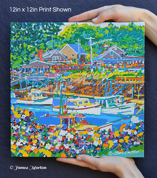 12 inch Perkins Cove canvas print held in hands for size reference – Ogunquit Maine coastal artwork