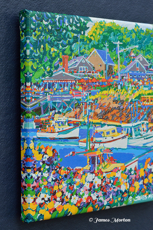 Left edge close-up of stretched canvas showing painted flowers and harbor side detail from Perkins Cove Maine 
