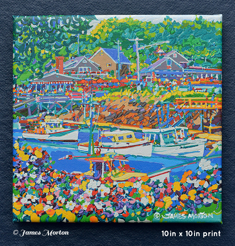 Front view of 10x10 Perkins Cove Maine canvas art print with fishing boats, flowers, and Barnacle Billy’s restaurant 