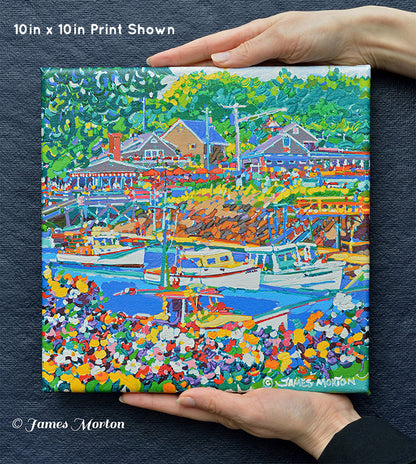 10-inch square Perkins Cove canvas print shown in hand for scale, featuring scenic Ogunquit harbor 