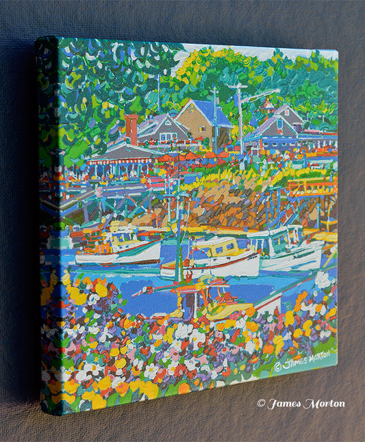 Left edge of stretched canvas showing flowers and dockside detail – Perkins Cove painting print 