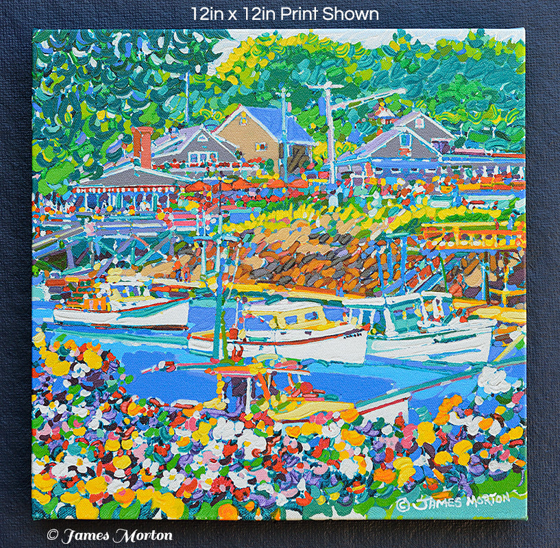 Front view of 12x12 Perkins Cove Ogunquit Maine canvas art print with Barnacle Billy’s and harbor boats