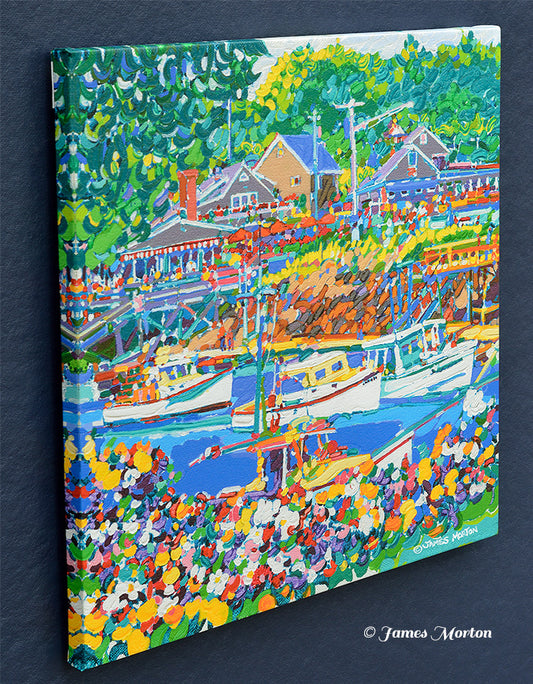 Left edge detail of stretched canvas print showing boats in Perkins Cove harbor and blooming summer flowers
