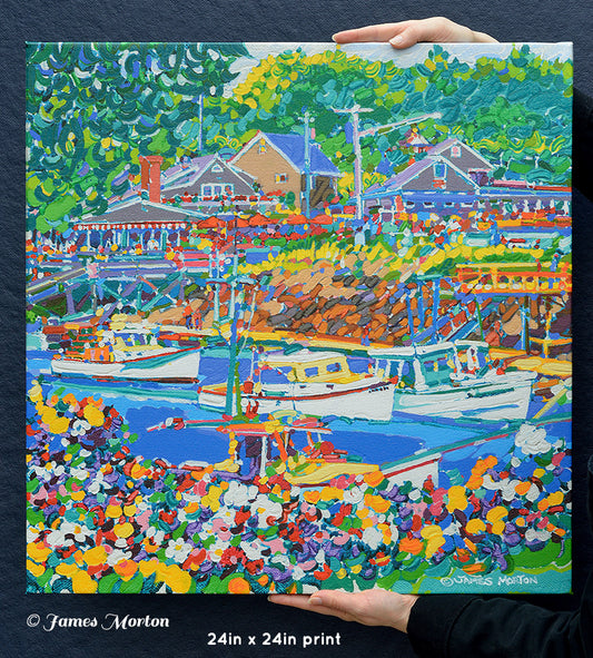 Perkins Cove Maine Art – 24x24 Stretched Canvas Print Featuring Barnacle Billy’s – Ready to Ship