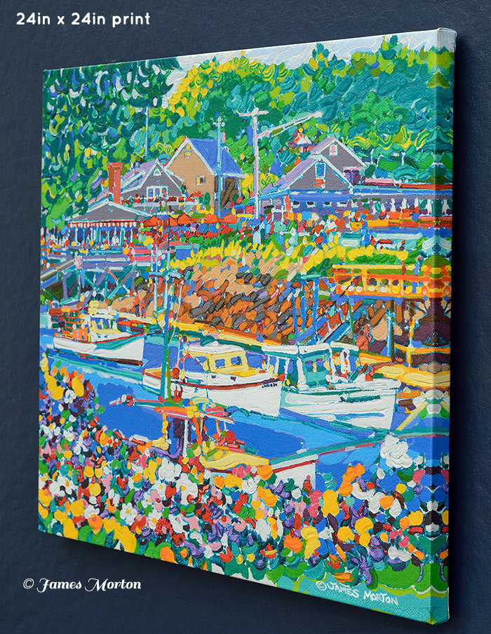 Right angle view of canvas art highlighting Barnacle Billy’s restaurant and dockside buildings in Perkins Cove, Maine