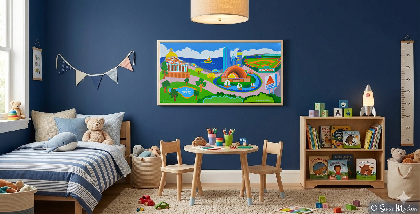 Colorful, whimsical Boston skyline canvas print for a child's nursery or kids' room, featuring a playful style of Fenway Park and the Charles River by Sara Morton.