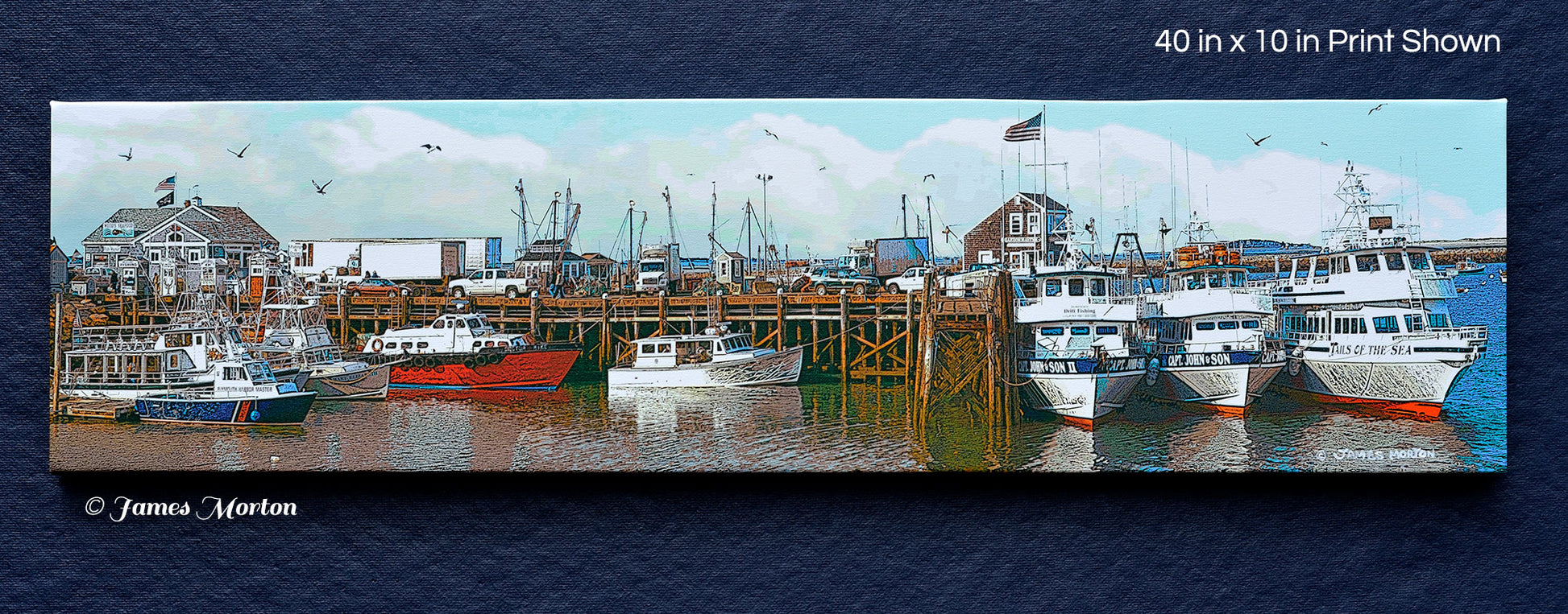 Panoramic canvas art print of Plymouth Massachusetts Town Dock featuring Woods Seafood and Harbormaster by artist James Morton