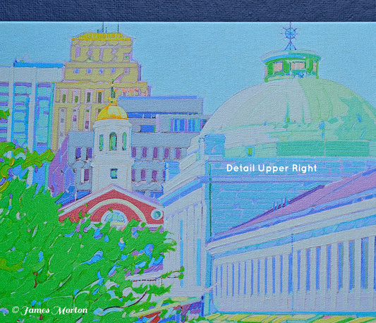 Detail of Quincy Market painting showing historic architecture with the Quincy Market dome and Faneuil Hall cupola in the background