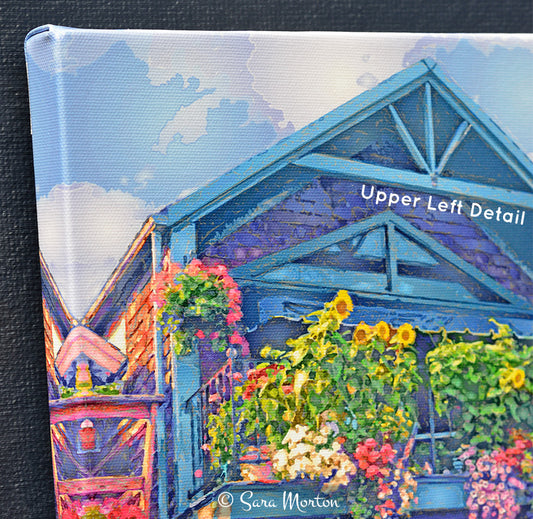 Rockport MA Coastal Art: Bearskin Neck, Bradley Wharf Balcony. Seaside bliss in vivid hues. Handcrafted in Massachusetts.