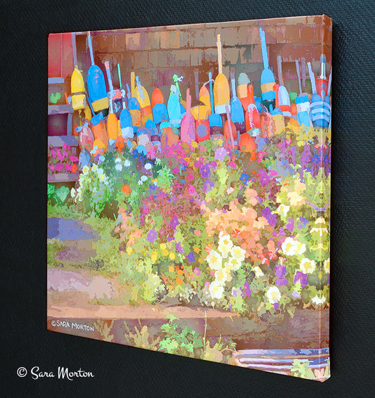 Canvas Print of Rockport lobster buoys in a charming flower garden. Vibrant digital watercolor art print. 