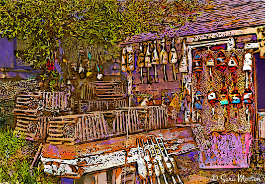 Art Print of Rockport MA Roy Moore Lobster Shack.Digital Woodcut depicting the Back Shack of Roy Moore with a rustic  collection of lobster floats, buoys, and lobster traps. 