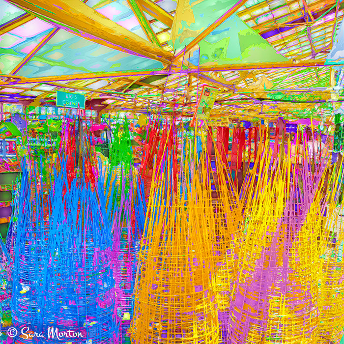Abstract fine art print of colorful stacked tomato cages in a greenhouse, featuring bold primary colors, geometric shapes, and expressive sketch-like strokes.