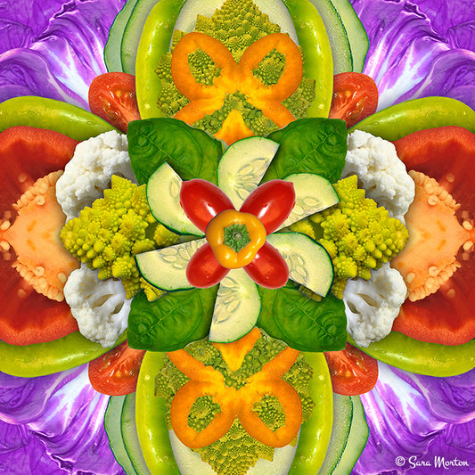A crisp, colorful and refreshing vegetable kaleidoscope art print in a Digital Collage design that features Bell Peppers, Cauliflower, Tomatoes and Broccoli with purple radicchio in the background. 