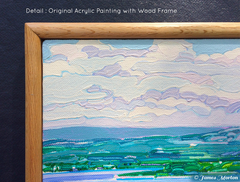 Upper left detail of original acrylic painting Acadia Vista, showing cloud forms, layered paint texture, and canvas weave within an oak frame
