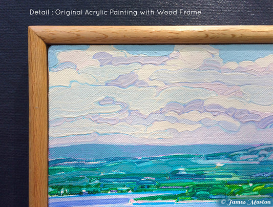 Upper left detail of original acrylic painting Acadia Vista, showing cloud forms, layered paint texture, and canvas weave within an oak frame
