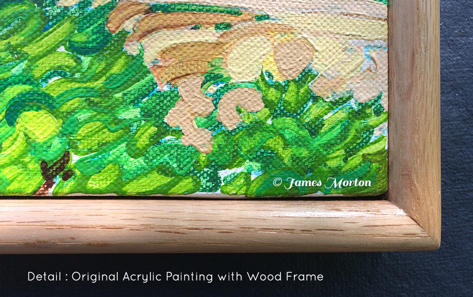 Lower right corner detail of original acrylic painting of coastal Maine, highlighting green foliage, expressive brushstrokes, and canvas texture in a wooden frame
