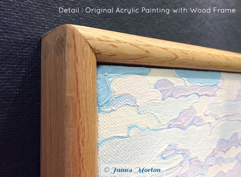 Close-up of mitered corner on handmade oak frame enclosing an original acrylic landscape painting

