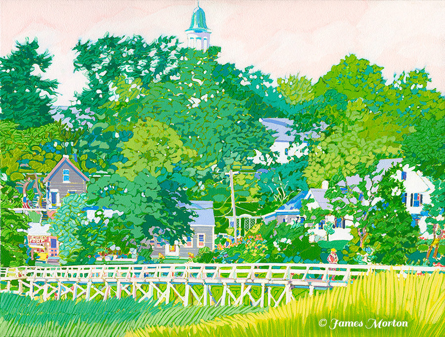 Acrylic painting of Uncle Tim's Bridge over tidal marsh in Wellfleet, Cape Cod MA, with trees and coastal grasses fine art print.