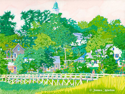 Acrylic painting of Uncle Tim's Bridge over tidal marsh in Wellfleet, Cape Cod MA, with trees and coastal grasses fine art print.