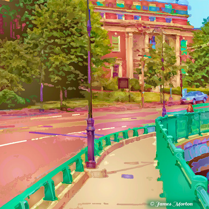 Close-up detail of Baker's Chocolate Square art print showing a bridge view looking across toward the historic factory building in Lower Mills, Boston.