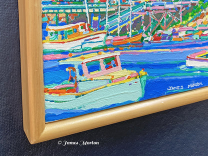 Close-up detail of an original Maine coastal acrylic painting showing textured brushwork, canvas weave, colorful fishing boats, blue harbor water, and artist James Morton's signature.