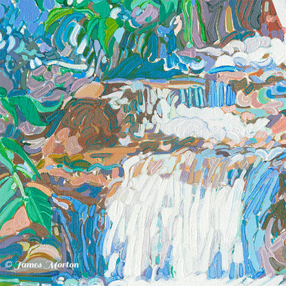 Close-up detail of Basin Falls acrylic painting showing cascading waterfall water, forest plants and layered granite rock forms.