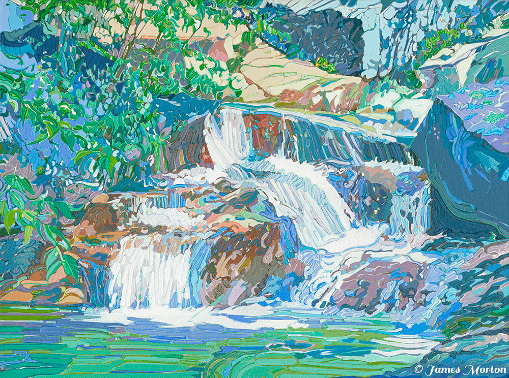 Basin Falls acrylic waterfall painting of the Flume Gorge in New Hampshire, featuring cascading water, granite stones, and forest plants.