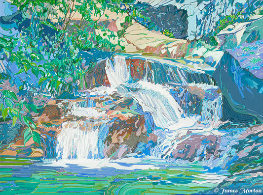 Basin Falls acrylic waterfall painting of the Flume Gorge in New Hampshire, featuring cascading water, granite stones, and forest plants.