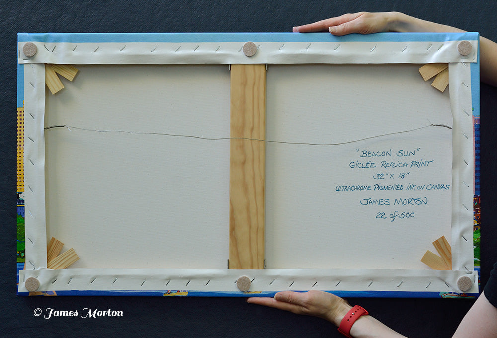 Back of limited edition Boston skyline canvas print titled Beacon Sun, hand signed, titled, numbered, wired, and ready to hang. Handmade in Massachusetts with wood stretcher bars, center brace, and corner keys.