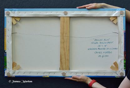 Back of limited edition Boston skyline canvas print titled Beacon Sun, hand signed, titled, numbered, wired, and ready to hang. Handmade in Massachusetts with wood stretcher bars, center brace, and corner keys.