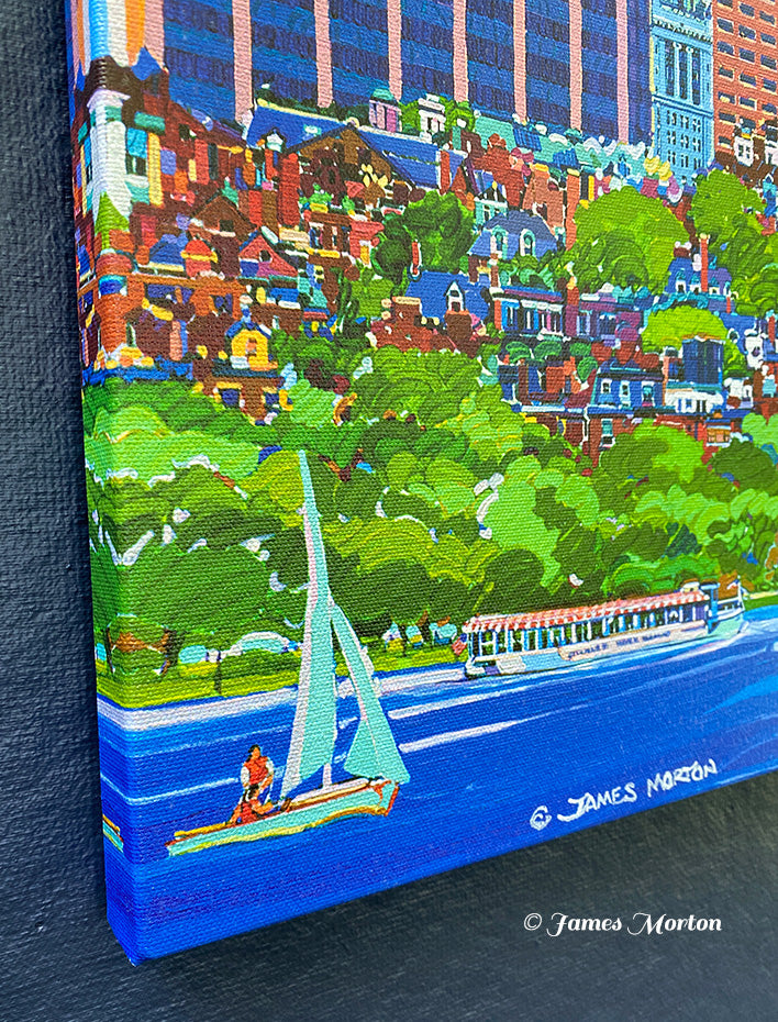 Corner detail of Beacon Sun Boston skyline canvas print showing mirror image wrapped edge with sailboat on the Charles River and Beacon Hill in the background.