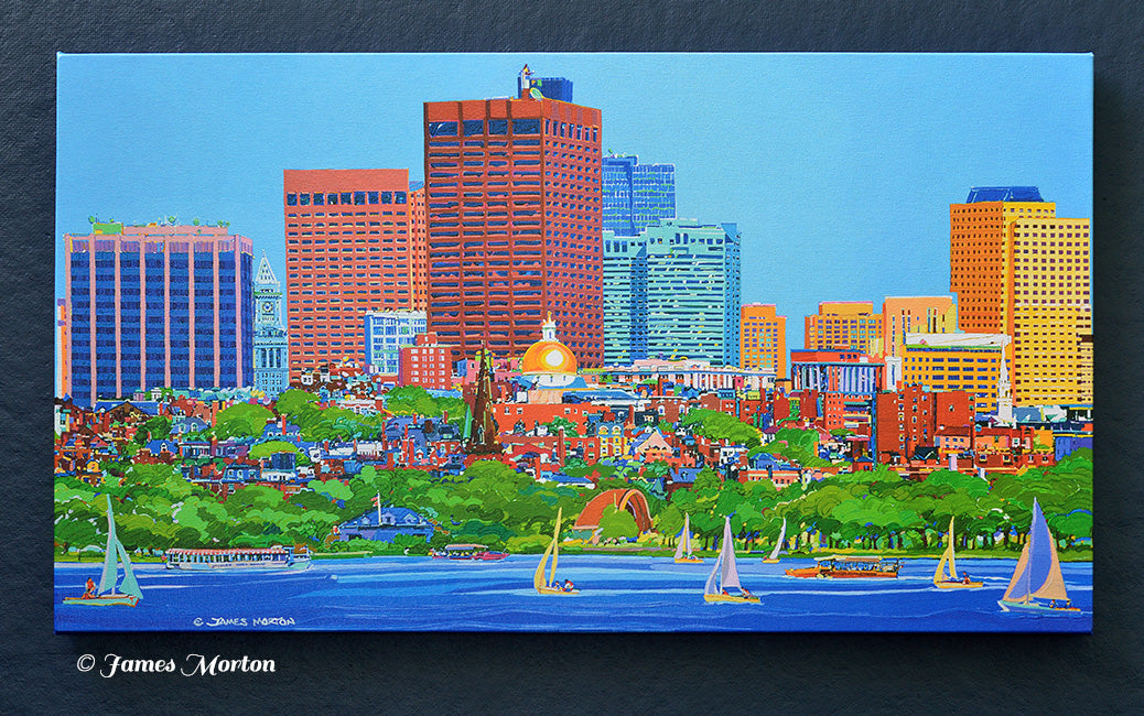 Ready-to-ship Boston Beacon Hill skyline canvas print titled Beacon Sun by James Morton featuring the Charles River, sailboats, the Massachusetts State House, Hatch Shell, Union Boat Club Boathouse, and the downtown Boston skyline.