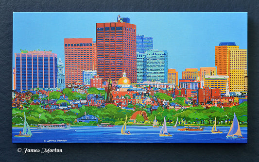 Ready-to-ship Boston Beacon Hill skyline canvas print titled Beacon Sun by James Morton featuring the Charles River, sailboats, the Massachusetts State House, Hatch Shell, Union Boat Club Boathouse, and the downtown Boston skyline.